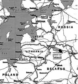 Kaartje van het huidige Baltische gebied.(Latvia = Letland. Belarus = Wit Rusland) De ‘Russiche’ Fijn van Draats woonden op Teklevill (iets ten westen van Smolensk), in Riga en in Narva